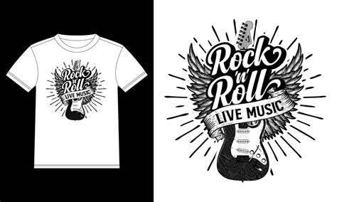 Rock And Roll Live Music Hand Drawn Lettering With Guitar Wings And Ribbon Rock Festival