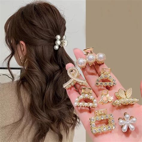 6 8 10pcs Set Small Rhinestone Pearls Geometric Metal Hair Claws For