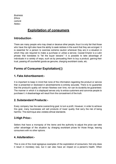 Exploitation Of Consumers Business Ethics Lecture Notes