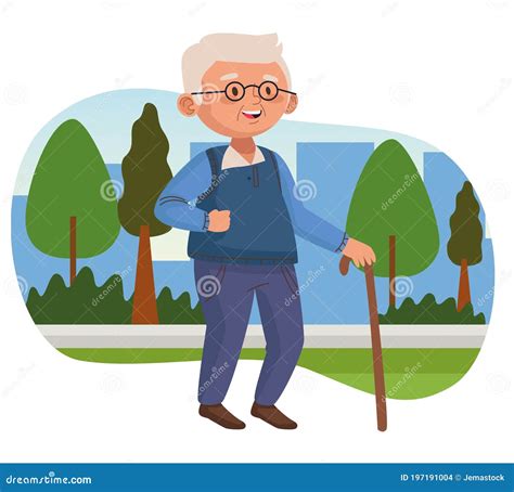 Old Man Walking With Cane In The Park Active Senior Character Stock