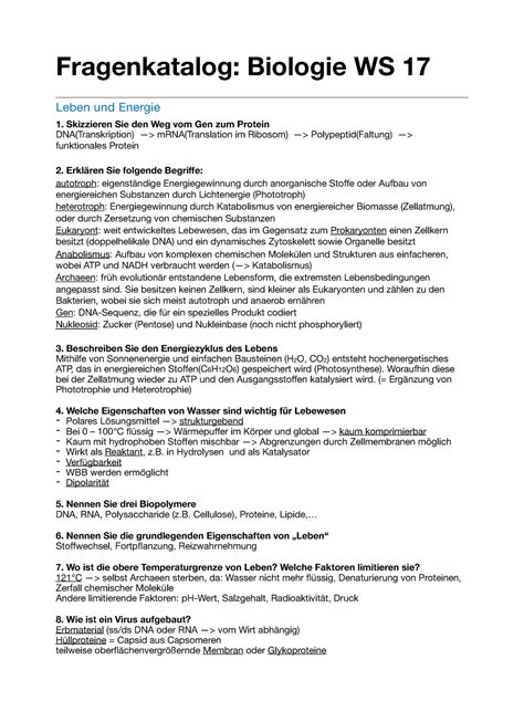 Fragenkatalog Biologie für Chemiker Fragenkatalog Biologie WS 17