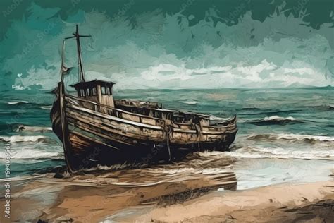 An Old Wrecked Fishing Boat Rides On A Deserted Beach An Abandoned