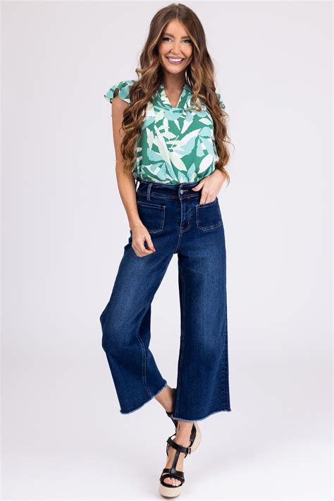 Mica Denim Dark Wash Wide Leg Cropped Jeans Lime Lush Boutique