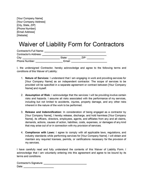 Waiver Of Liability Form For Contractors Download And Print For Free