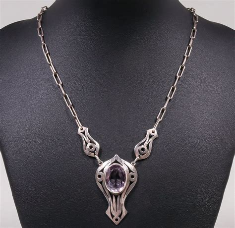 Chicago Arts And Crafts Faceted Amethyst Sterling Silver Cutout Necklace