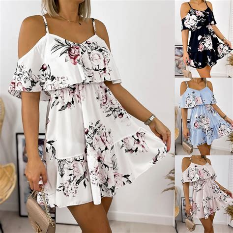 Sexy Cinta De Espaguete Fora Do Ombro Floral Impressão Mini Vestido De