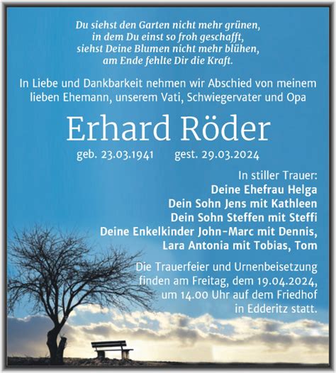 Traueranzeigen von Erhard Röder abschied nehmen de