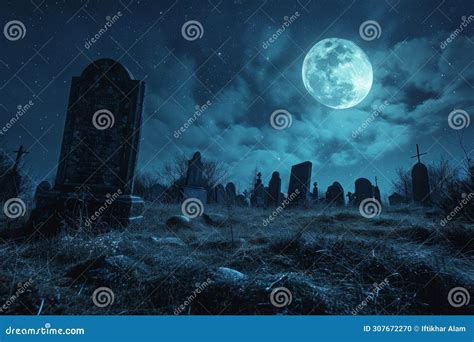 A Photo Capturing A Cemetery At Night Illuminated By The Light Of A