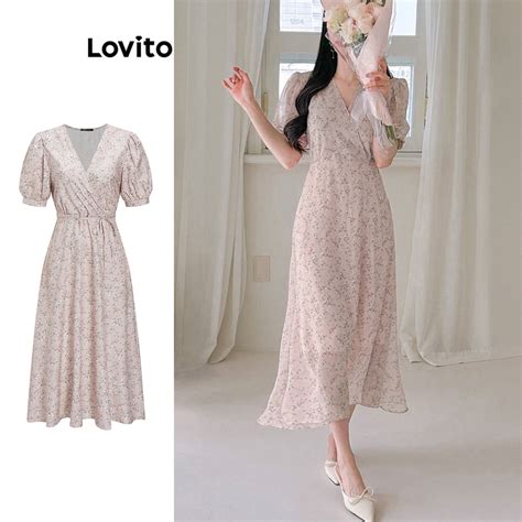 Lovito Women Casual Ditsy Floral Wrap Lace Up Puff Sleeve Dress