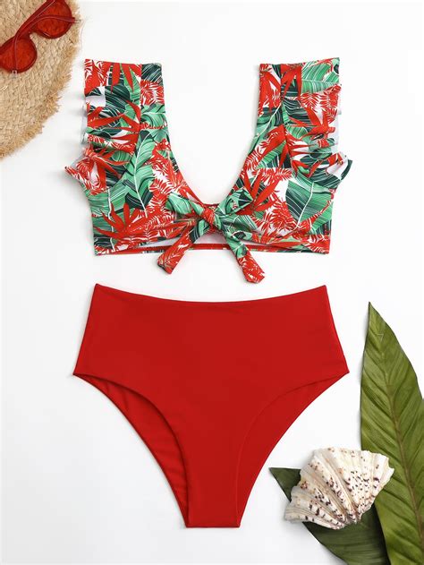 Tropical Print Ruffle Trim Knot Front Bikini Swimsuit Shein Usa