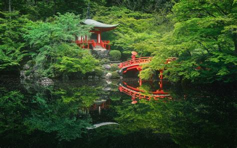 Download wallpapers Pagoda, Japan, Japanese temple, forest, lake, red wooden bridge, mountains ...