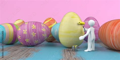 3d Männchen malt ein Osterei gelb an ilustración de Stock Adobe Stock