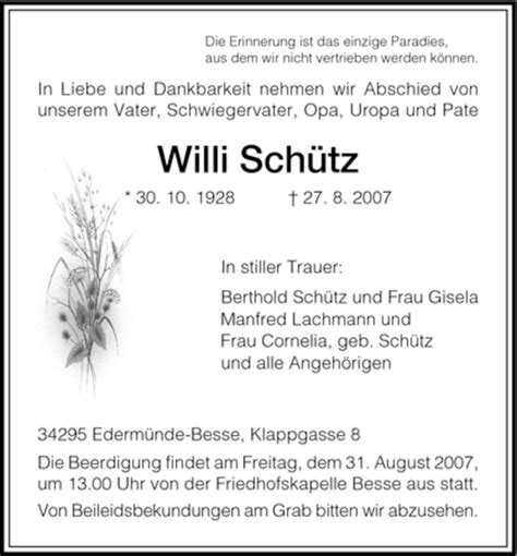 Traueranzeigen Von Willi Schuetz Trauer Hna De