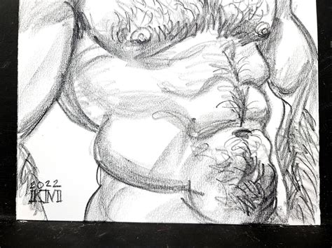 Powerful Hairy Thick Nude Man With A Beard X Inches Crayon On