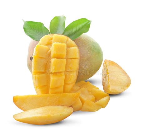 Mango Fruit With Mango Cubes And Slices Isolated On A White Background