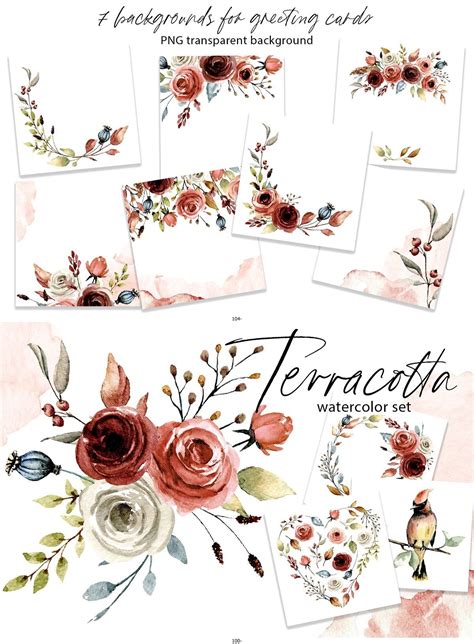 Terracotta Watercolor Flowers Set Watercolor Flowers Autumn