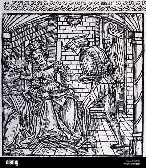 Medicine Blood Letting Treatment Of A Woman Woodcut 1519 Stock