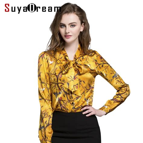 Women Blouse Real Silk Printed Long Sleeved Blouses Spandex Shirt