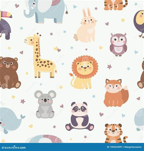 Vector Seamless Pattern With Cute Wild Animals Stock Vector