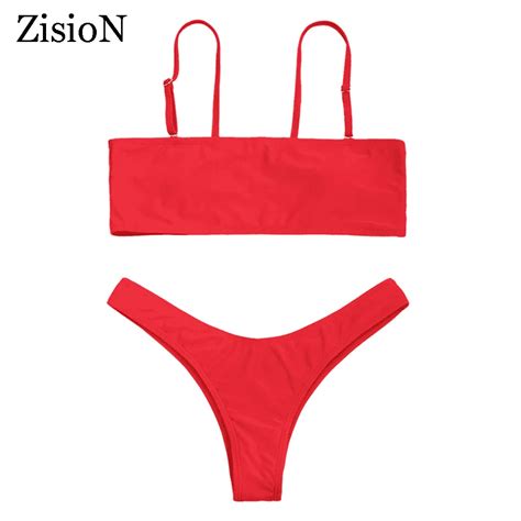 Zision Bandeau Bikini Set Brazilian Thong Swimming Suits Women