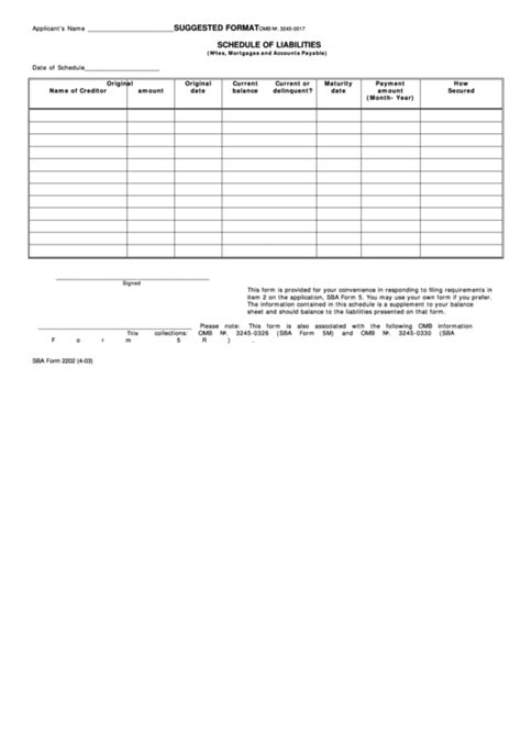 Sba Form 2202 Schedule Of Liabilities Notes Mortgages And Accounts