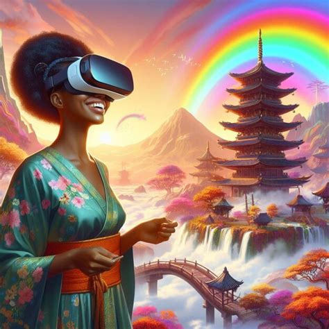 Premium Photo A Happy Black Women Wearing A Vr Headset In A Shangrila