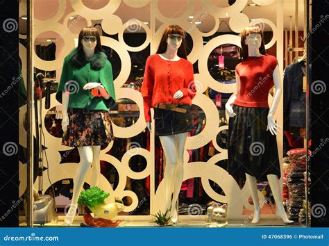 Fashion Boutique Display Window With Mannequins Store Sale Window Front Of Shop Window Stock