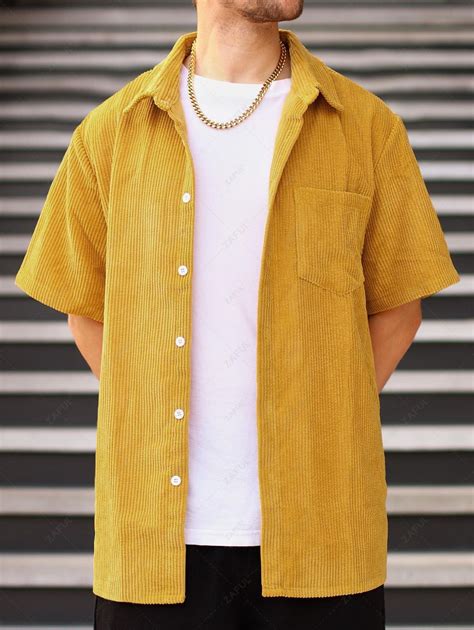 Zaful Mens Corduroy Casual Summer Solid Color Button Short Sleeves Shirt In Deep Yellow Zaful