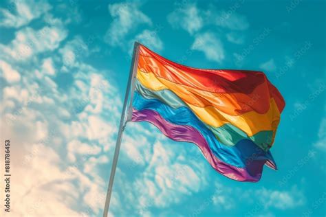 Rainbow Pride Flag Waving Majestically Against A Cloudy Blue Sky