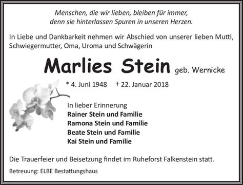 Traueranzeigen Von Marlies Stein Geb Wernicke Abschied Nehmen De