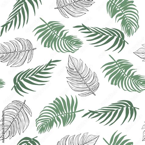 Sage Green Fronds And Line Art Tropical Palm Leaf Seamless Pattern