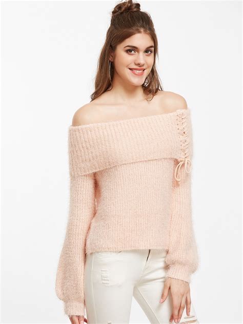 Pink Off The Shoulder Lace Up Foldover Fuzzy Sweater Shein Sheinside