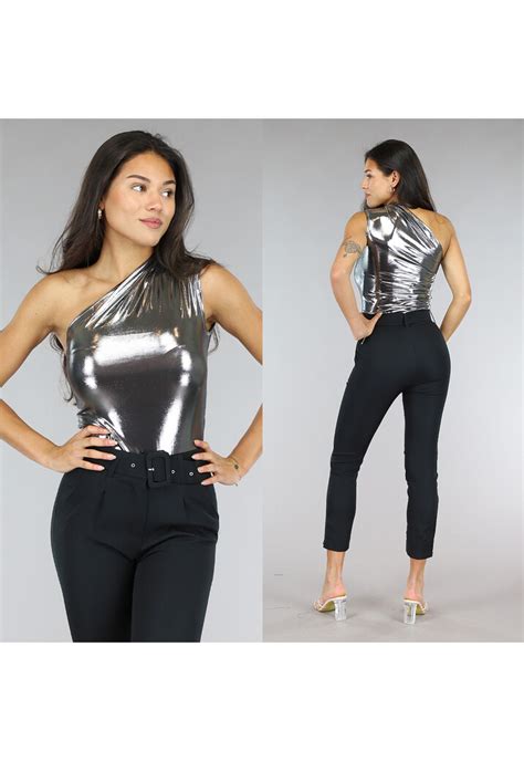 Zilveren Holografische Metallic One Shoulder Bodysuit Uwantisell Nl