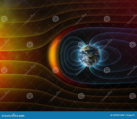 Planet Earth`s Magnetic Field Against Sun`s Solar Wind Stock