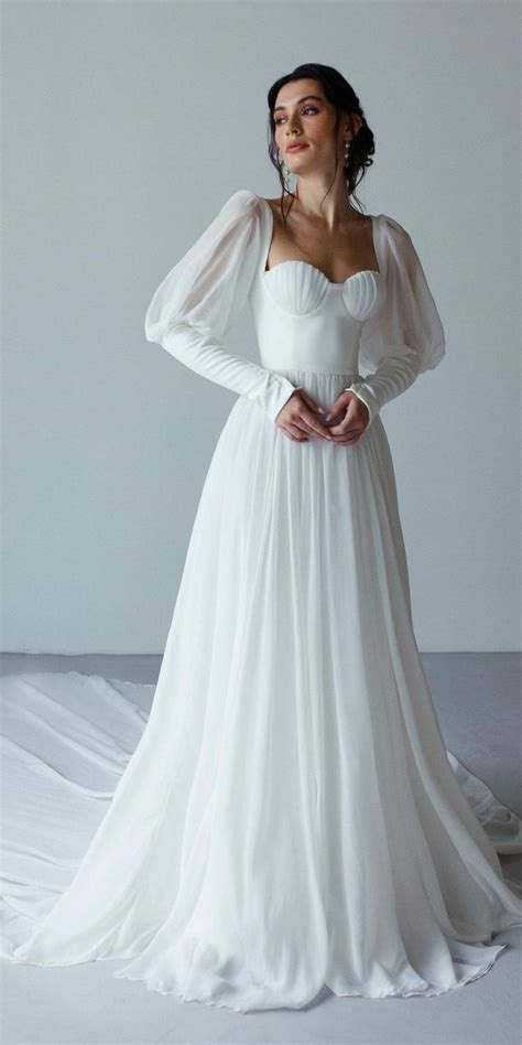 Seashell Cup Corset Wedding Dress A Line Long Train Puff Sleeve Lacing