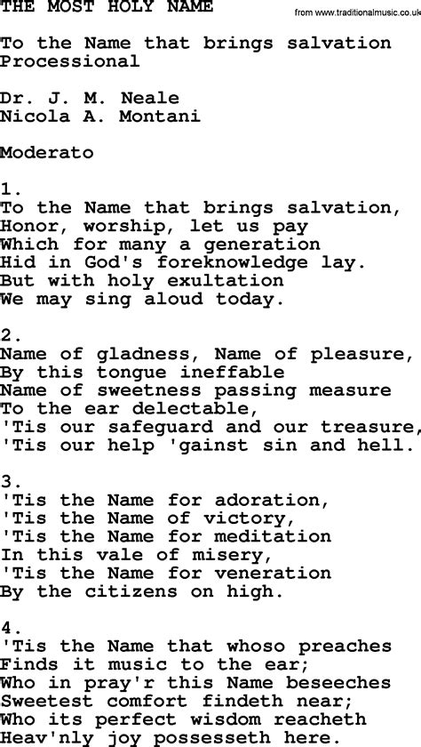 Catholic Hymns Song The Most Holy Name Lyrics And PDF