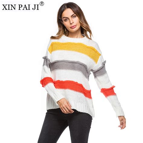 2018 Spring Autumn Fashion Striped Long Sleeve Tide Sweater And