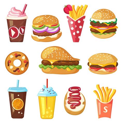 A collection of different types of food including a burger french fries ...