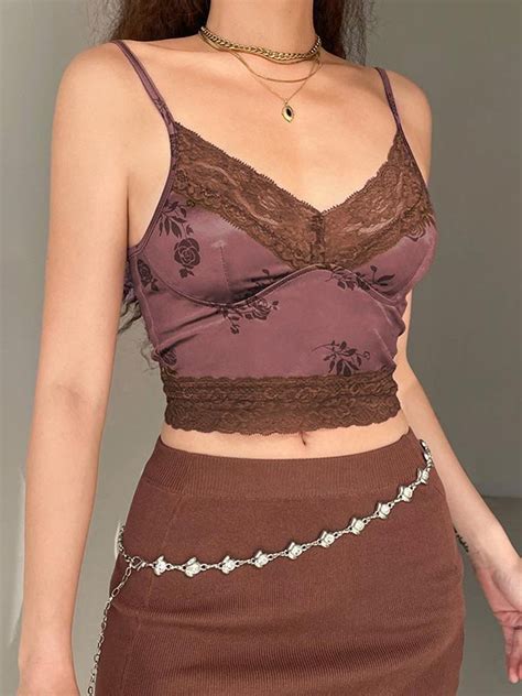 Emmiol Free Shipping Floral Lace Paneled Satin Crop Cami Top Brown