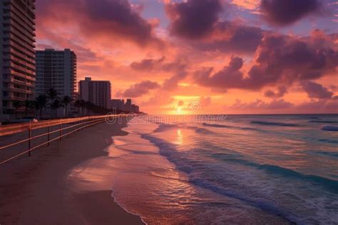 Beautiful Sunrise Over Cancun Beach Mexico Stock Illustration