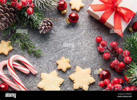 Christmas Background With Gingerbread Cookies Gift Boxe And Fir