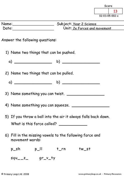 Science Forces And Movement Questions 1 Worksheet In 2024 1st