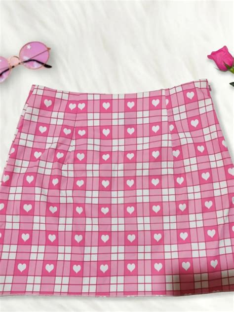 Falda Rosa Cuadros Con Estampado De Corazones Y Cremallera Lateral