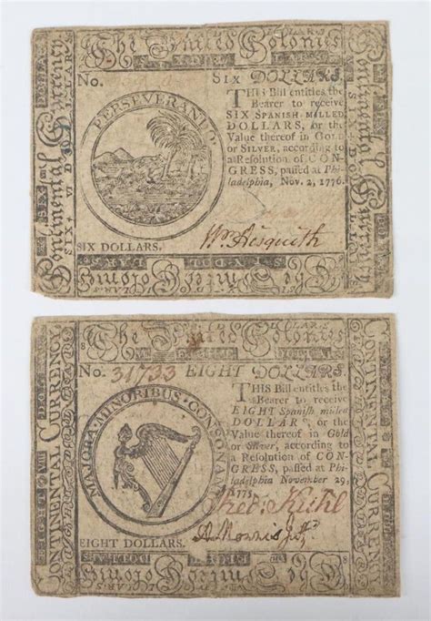 Pair Of Continental Colonial Currency Of Six And Eight Dollar