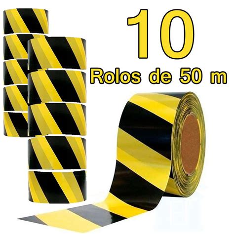 Kit 10 Rolos Fita zebrada sinalização isolamento preta amarela 70mm x 50 m