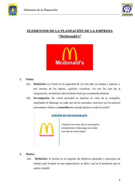 Elementos De Planeación De La Empresa Mcdonalds Elementos De La