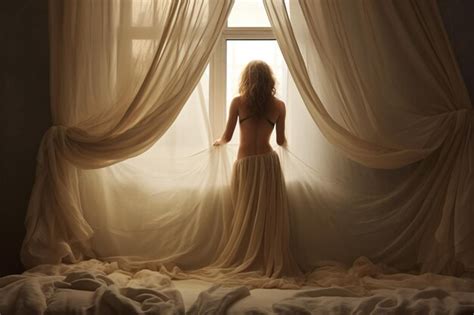 Premium Ai Image Woman Wakeup And Opening Curtains In Hotel Room At Sunrise Good Morning