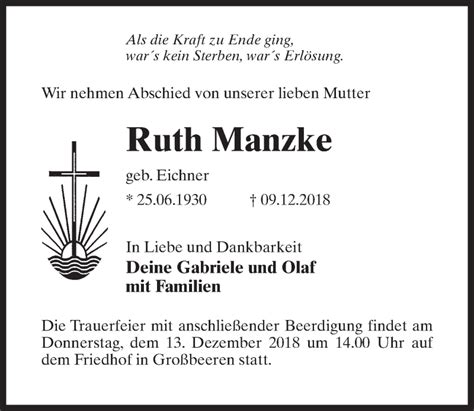 Traueranzeigen Von Ruth Manzke Trauer Anzeigen De