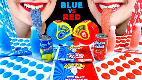 Asmr Blue Vs Red Food Warheads Pucker Packs Gummy Rolls Sour Wax Bottles Candy Buttons Pixy