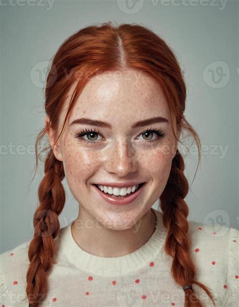 Ai Generated Redhead Woman Portrait Happy Smiling Lady With Freckles